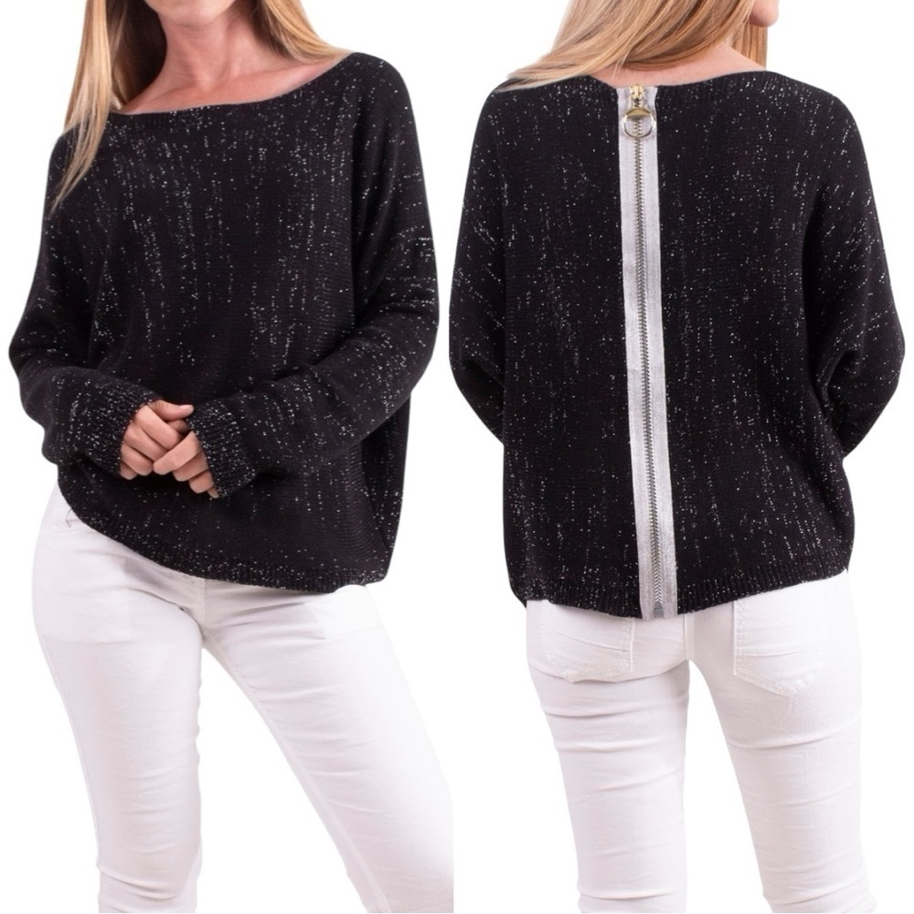 Scandal Italy Argento Boatneck Knit Sweater Metallic Thread Back Zipper Onesize